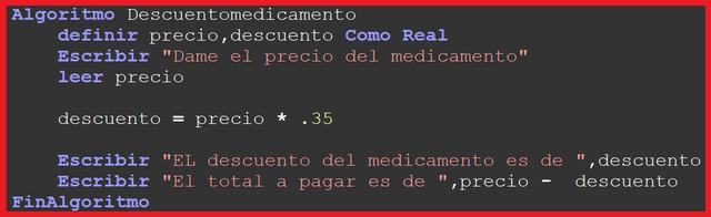 Calcular el descuento y el monto a pagar por un medicamento cualquiera