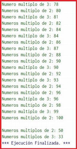 Imprimir y contar los números que son múltiplos de 2 o de 3 que hay entre 1 y 100