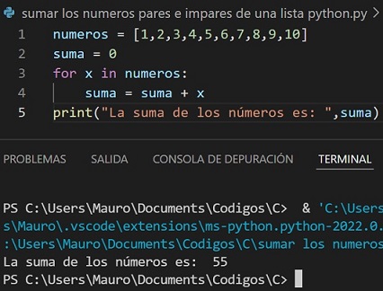 Sumar los números de una lista Python