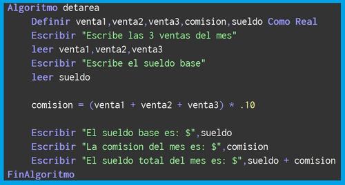 un vendedor recibe un sueldo base mas un 10 extra por comision de sus ventas pseint